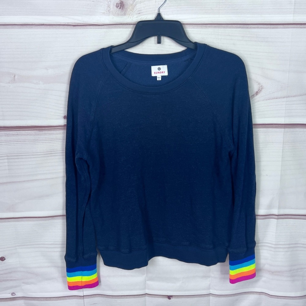 Sundry Top Womens 2 M Blue Long Sleeve Sweatshirt Round Neck Cotton Rainbow Cuff